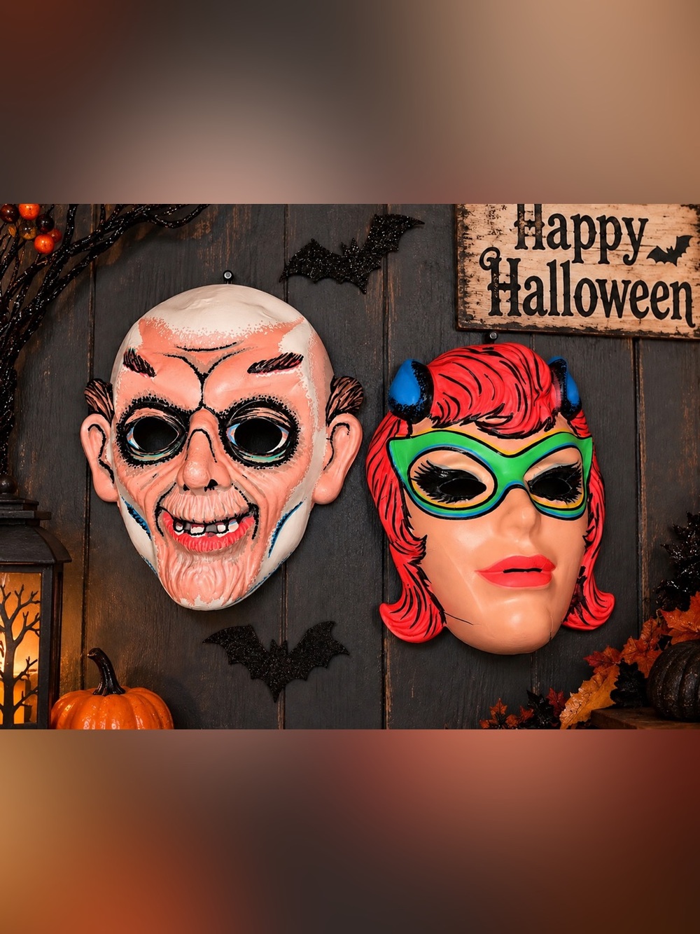 Vintage Halloween Plastic Masks Pair Old Man & Red Hair Devil Woman Retro Decor